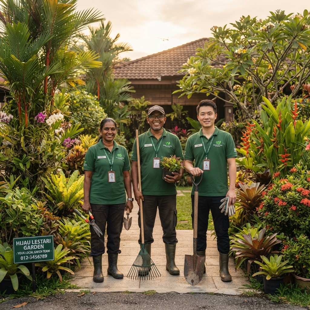 Garden services team at work on a residential lawn in Setia Alam