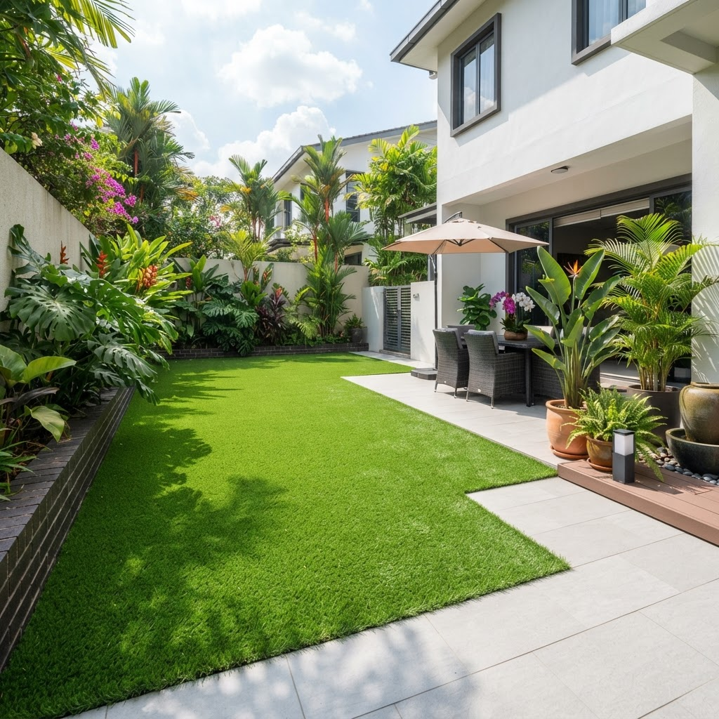 Neatly installed artificial grass lawn at a residential home in Setia Alam