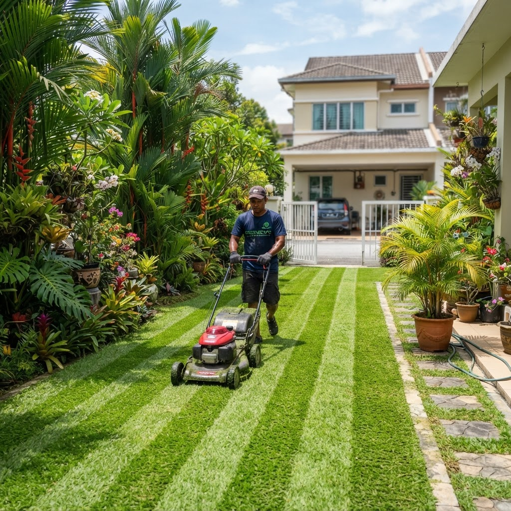 Freshly mowed lawn and trimmed hedges at a landed home garden in Setia Alam
